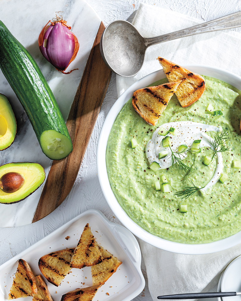 Avocado-Cucumber Gazpacho with Grilled Sourdough