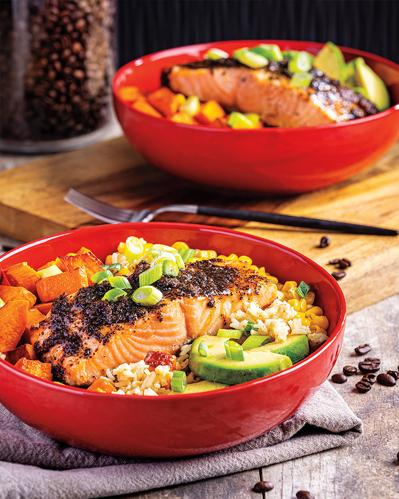 Coffee-Rubbed Salmon with Savory Oats & Rice Bowl