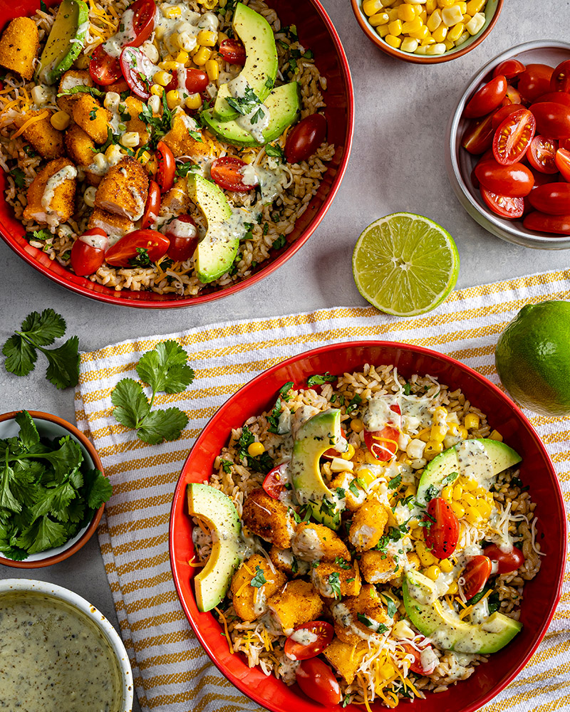 Greener Goddess Crispy Chicken Bowls