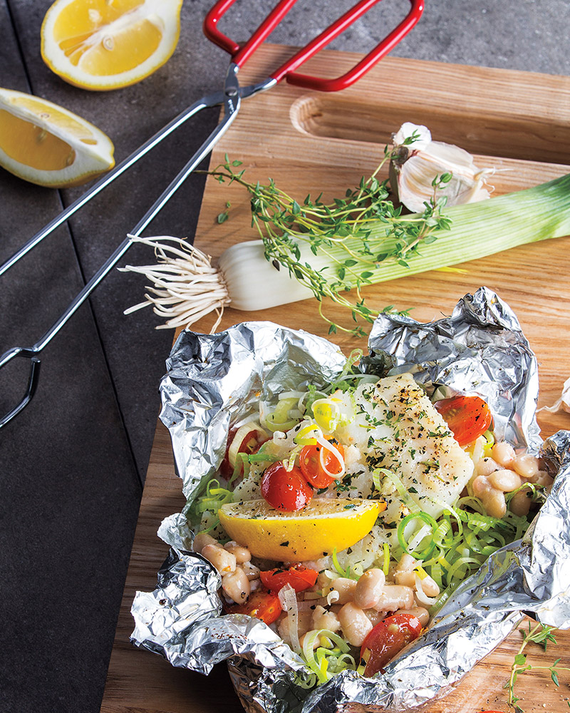Grilled Cod, White Bean & Tomato Packets