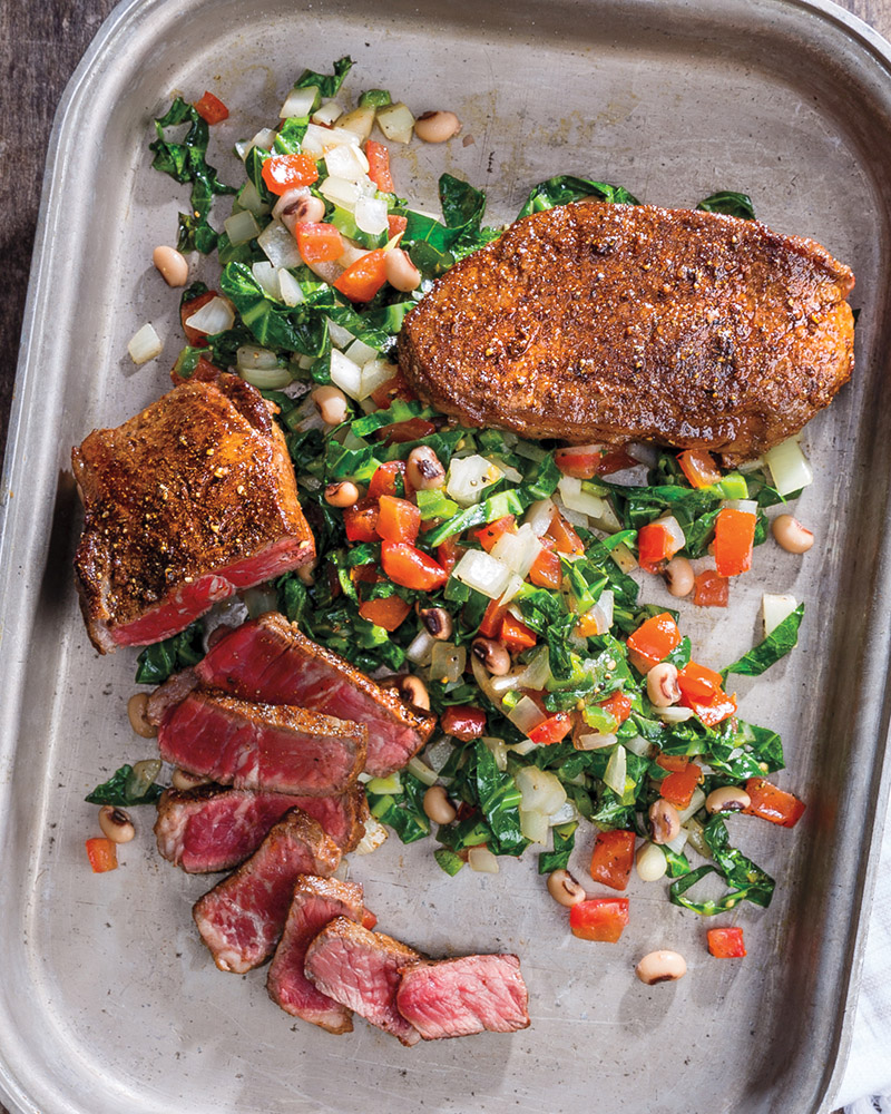 Oven-Roasted Berbere-Spiced New York Strip  Steak with Collard Greens